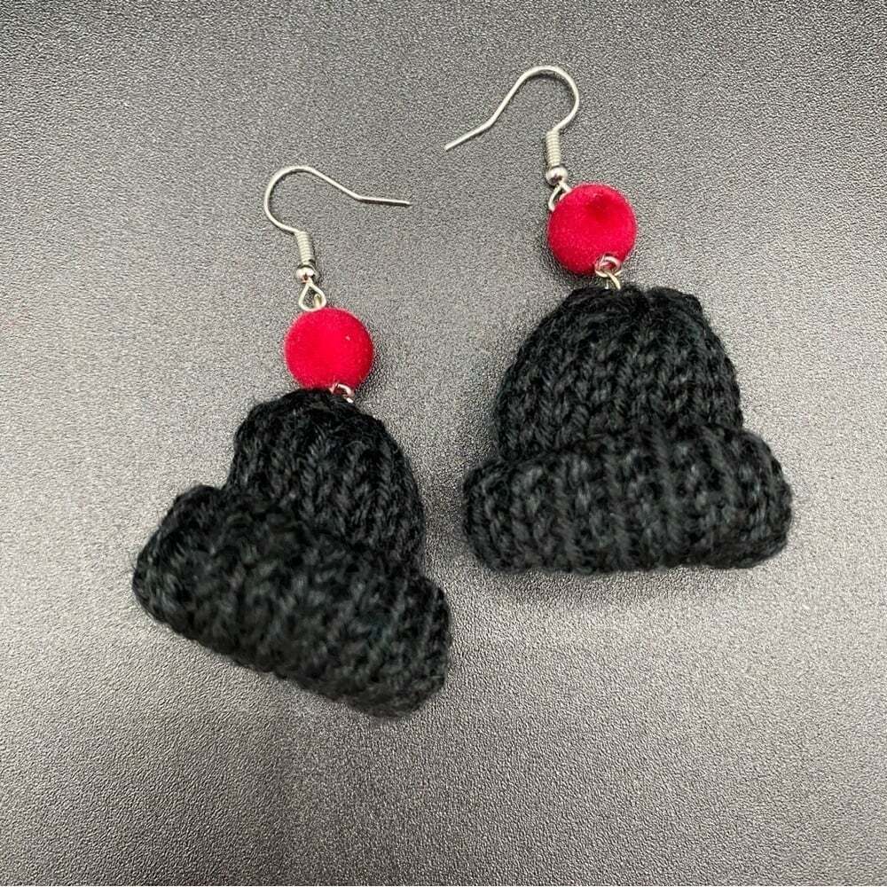 Handknit Black and Burgundy Winter Hat Earrings